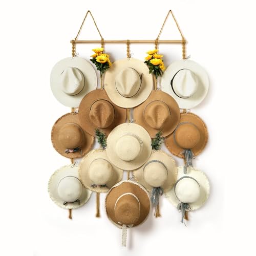 Macrame Hat Organizer for Wall with 15 Clips for Fedora Storage, Brown | 31x66in Large Hat Hangers Rack for Wide Brim Sun Straw Panama, Boho Hat Holder Decor Display for Closet Bedroom, Keeps Shape - color: Brown, size: 31.5x66.87in-15 hats