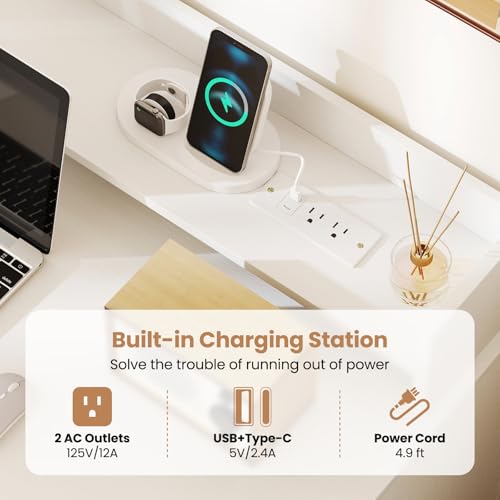 GIANTEX White Desk with Storage Shelves, 43" Home Office Computer Desk with Charging Station, Dual 3 Tier Bookshelf & Monitor Stand, PC Table Workstation, Modern Study Writing Desk for Bedroom, Dorm