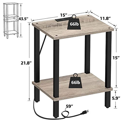 TUTOTAK End Table with Charging Station, Side Table Set of 2, Nightstand | 2-Tier Storage Shelf, Bedside Table with USB Ports, Sofa Table for Small Space, Livingroom, Bedroom Greige V1TB01BG041 - color: Greige