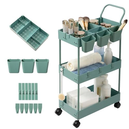 Storage Cart on Wheels, 3 Tier Bathroom Cart Organizer Slim Laundry Narrow Shelf with Wheels Dividers Hanging Cups Hooks Handle Easy Assembly, Green - style: 3 Tier Green