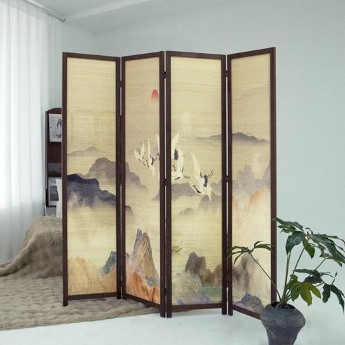 4 Panel Bamboo Room Divider, Versatile Folding Privacy Screen | Double-Sided Colorful Landscape Pattern, 5.6 ft Bamboo Divider Panel, Divider for Room Separation, Decorative Folding Screen - color: Colorful Landscape, size: 4 Panel