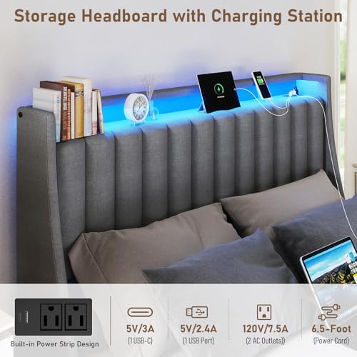SADENICEL Queen Bed Frame with 4 Storage Drawer, Queen Size Bed Frame, Grey | Headboard with Charging Station and LED Lights, Metal Platform Bed with Storage Shelf, Noise Free, No Box Spring Needed - size: Queen, style: Channel Tufted & 4 Storage Drawers