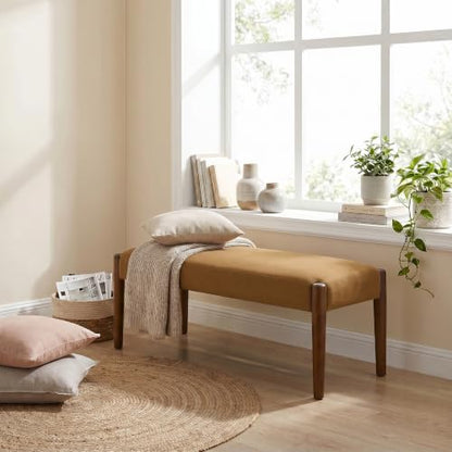 Usaint 42" End of Bed Bench with Wood Legs, Caramel Orange with Walnut Leg | Modern Upholstered Bedroom Bench with Rubberwood Legs, Entryway Bench with Cushion, Dining Bench for Living Room, Bedroom - color: Caramel Orange With Walnut Leg