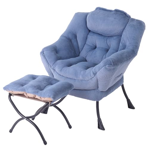 Lazy Chair with Ottoman, Comfy Reading Accent Chair, Plush Light Blue | Foldable Footrest, Padded Seat and Backrest, Side Pocket for Lounging in Living Rooms, Bedrooms, Dorms and Small Spaces - color: Plush-light Blue
