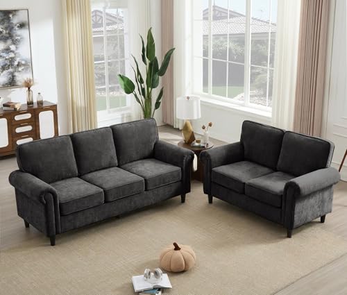 Loveseat 2 & 3 Seater Couch with Chair, Mid Century Modern Chenille Sofa Set with Rolled Arms and Deep Seats, Fluffy Comfort for Living Room, Apartment, Easy Assembly, Grey - color: Grey, size: Chenille Standard + Loveseat