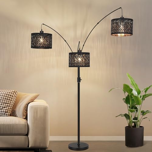 Dimmable Floor Lamp-3 Lights Arc Floor Lamps for Living Room,Modern Tall Standing Lamp With Black Drum Hollow-carved Design Shades,Gothic Mid Century Tree Floor Lamp for Bedroom Corner,Bulbs Included - size: C