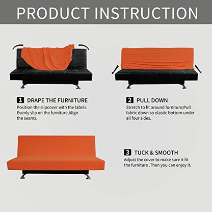 Easy-Going Stretch Futon Slipcover Armless Futon Bed Cover Furniture Protector Without Armrests with Elastic Bottom for Kids, Soft Jacquard Fabric Small Checks (Large, Orange) | Sofa Bed Furniture Protector Without Armrests with Elastic Bottom for Kids, S