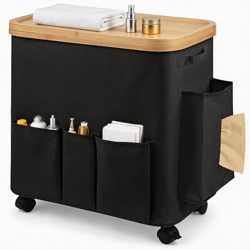 50L Small Clothes Hamper, Small Landry Hamper with Lid Rolling Collapsible Laundry Hamper with Detachable Wheels Bamboo Frame 7 Oxford Storage Pockets for Bathroom Bedroom Salon RV, Black - color: Black