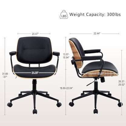 Mid Century Modern Office Chair with Armrest and Adjustable Backrest, Black | Wooden frame with armrests & adjustable backrest, swivel & height-adjustable, PU leather seat for home office comfort - color: Black