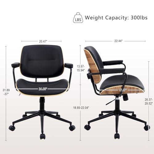 Mid Century Modern Office Chair with Armrest and Adjustable Backrest, Black | Wooden frame with armrests & adjustable backrest, swivel & height-adjustable, PU leather seat for home office comfort - color: Black
