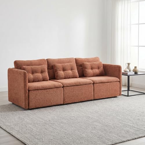 HNY 82.5" Modern Sectional Sofa, Brown | 3-Seat Button Tufted Modular Couch, Chenille Fabric With Pillow & Ottoman, Comfortable Deep Seat for Living Room, Apartment - color: Brown, size: 3 Seater