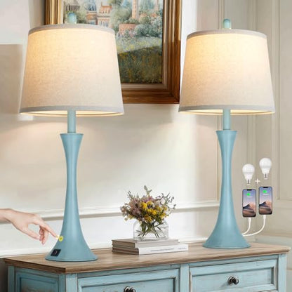 Rinweey Blue Metal Table Lamp Set of 2 with USB C+A Ports, Bedside Lamp, Modern Bedroom Lamps, Coastal Lamp for Night Stands Bedroom Living Room,Nightstand Lamp LED Bulbs Included - color: Blue(2 Pack)