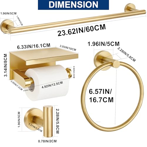 5 Pieces Bathroom Hardware Accessories Set Brushed Gold, 24Inch Bathroom Towel Rack Set SUS304 Stainless Steel, Round Toilet Paper Holder with Shelf Heavy Duty, Wall Mounted - color: Brushed Gold, size: 5 Pieces 24" A