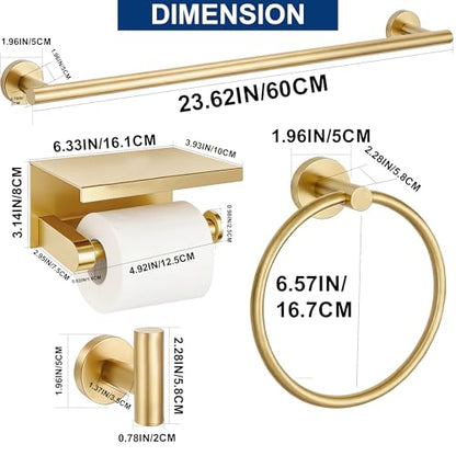 5 Pieces Bathroom Hardware Accessories Set Brushed Gold, 24Inch Bathroom Towel Rack Set SUS304 Stainless Steel, Round Toilet Paper Holder with Shelf Heavy Duty, Wall Mounted - color: Brushed Gold, size: 5 Pieces 24" A