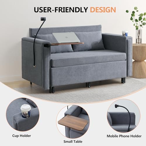 Pull Out Sofa Bed, 2-in-1 Multi-Functional Sleeper Couch Small Loveseat Bed with Hidden Side Table, Phone Holder and Cup Holder for Living Room, Small Space, Apartment (Grey) - color: 2-in-1 Grey 2 Seater