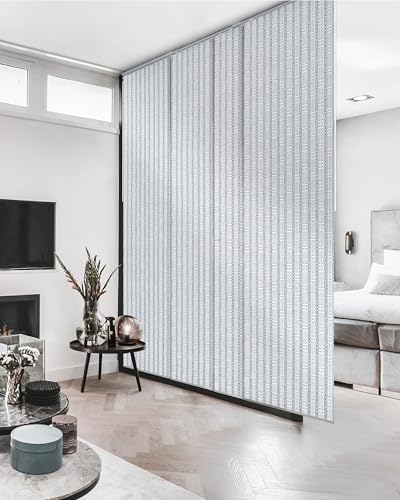Deluxe Sliding Vertical Blinds,White Trendy Door Blinds, Blue Panel Track Blinds, Patio Room Dividers, 45.8"- 86" W x 96" H, Extendable Track, Designer Pattern Woven Panels, Mykonos - color: Mykonos