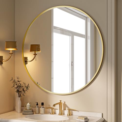 BEAUTYPEAK 40 Inch Round Mirror, Metal Frame Circle Mirror, Gold | Wall Mounted for Entryway, Bathroom, Vanity, Living Room - color: Gold, size: 40"L x 40"W