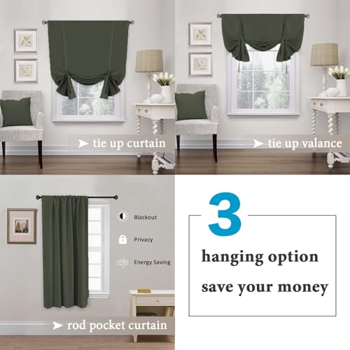 H.VERSAILTEX Blackout Tie Up Curtain Thermal Insulated Window Shade Light Blocking Balloon Roman Shade Bathroom Adjustable Rod Pocket Panel for Small Window,42" Wide by 63" Long,Olive - color: Olive