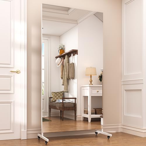 Hasipu 71" x 28" Large Full Length Rolling Mirror with Wheels, White | Tempered glass, sturdy metal frame, smooth rolling casters, removable stand, ideal for gym, bedroom, dance studio - size: 71"L x 28"W