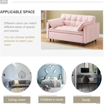 3 in 1 Convertible Sleeper Sofa Bed, Velvet Loveseat Futon Pull-Out Couch with Adjustable Reclining Backrest, Side Pockets and Pillows for Living Room, Bedroom, Apartment, Small Spaces (Pink-Velvet) - color: Pink-velvet