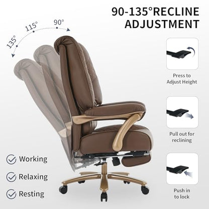 EXCEBET Big and Tall Executive Office Chair with Footrest, 400LBS Capacity Ergonomic High-Back Desk Office Chair with Lumbar Support, Padded Armrests & Thick Cushion, Brown PU Leather Chairs - color: Brown