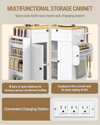 Hzuaneri Kitchen Island with Power Outlet & Drop Leaf, 53.1" Rolling | Kitchen Island Cart on Wheels, Portable Mobile Island Table with Spice Rack Towel Rack, Knife Holder Drawers, White KT00103W