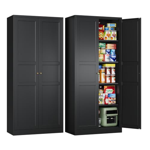Black Storage Cabinet with Adjustable Shelves-Metal Home Kitchen Pantry Cabinets with Doors,Organization Locker for Cupboard/Bedroom/Dining/Living/Bathroom/Office/Garage Room - color: Black, size: 16"D x 32"W x 71"H-B