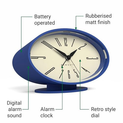 NEWGATE® Ronnie Alarm Clock | Oval Retro Design | Blue Soft Rubberised Finish | Ideal for Bedside, Desk or Shelf | Modern, Retro mid-Century Bedroom & Office Accessory - color: Silicone Blue