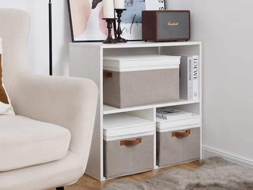 StorageWorks Fabric Storage Bins with Lids, Closet Storage Bins | Lidded Dust-proof, Easy Pull Handles, Foldable, Stackable, Ideal for Clothes Blanket Towel, Jumbo, Brown and White, 3-Pack - color: Brown and White, size: Jumbo