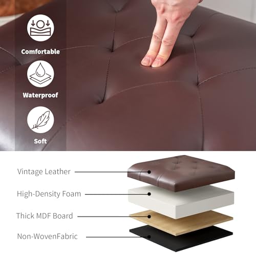 Faux Leather Storage Ottoman Bench Rectangle 24 Inch Foot Rest Ottomans (Brown) - color: Brown