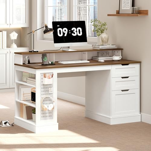 55-inch Farmhouse Executive Desk with 2 Drawers and File Cabinet, Computer Desk with 3-Tier Storage Shelves, Home Office Desk with Charging Station, Pegboard & Monitor Shelf, White and Walnut - color: White and Walnut