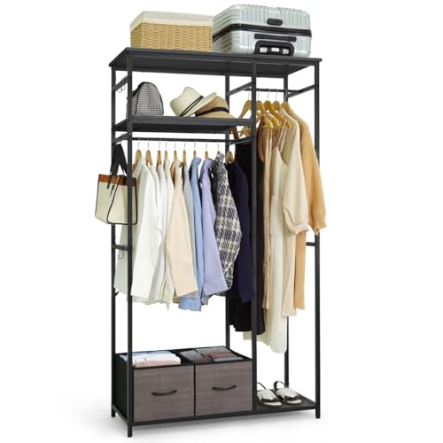 CAPHAUS 550lbs Capacity Garment Rack for Hanging Clothes, Heavy Duty Metal Open Wardrobe w/Hanging Rods & Drawers, Free Standing Closet Organizer, Metal Closet w/Wooden Boards, Black Vintage Board - color: Black, size: 40 Inch