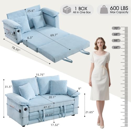 3-in-1 Convertible Sofa Bed | Foldable Loveseat Couch Floor Futon Sofa Sleeper Mattress Lounge Space‑Saving, Blue - color: Blue