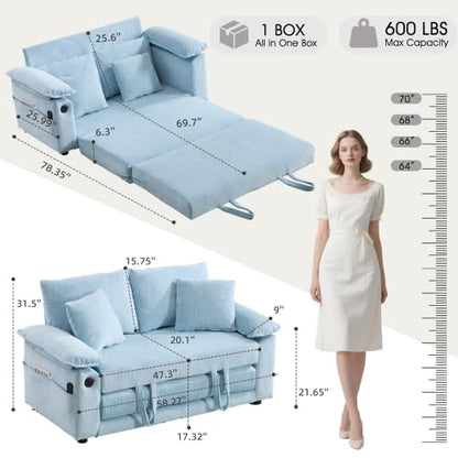 3-in-1 Convertible Sofa Bed | Foldable Loveseat Couch Floor Futon Sofa Sleeper Mattress Lounge Space‑Saving, Blue - color: Blue