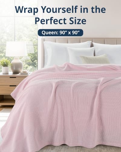 LANE LINEN 100% Cotton Blanket Queen Size - 300 GSM Waffle Blankets - Breathable, Lightweight & Durable - Premium Soft Blanket - Ideal for All Season Bedding & Sofa Throw - 90"x90" - Cherry Blossom - color: 02: Cherry Blossom, size: Queen