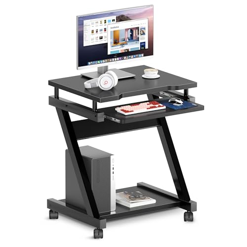 sogesfurniture Mobile Computer Desk with Pull-Out Keyboard Tray & Wheels | Modern Compact Rolling Workstation for Home Office, Small Portable Space Saving Laptop Table, 23.6"L x 18.9"W x 28.7"H, Black - color: Black