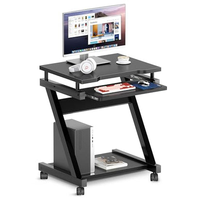 sogesfurniture Mobile Computer Desk with Pull-Out Keyboard Tray & Wheels | Modern Compact Rolling Workstation for Home Office, Small Portable Space Saving Laptop Table, 23.6"L x 18.9"W x 28.7"H, Black - color: Black