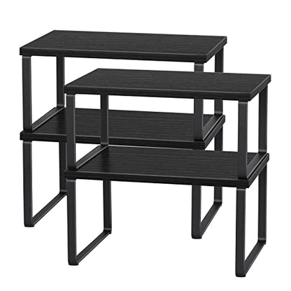 CADUKE Set of 4 Kitchen Counter Shelves, Cabinet Organizer, Black | Wood Countertop Shelves, Stackable Shelf Organizer, Expandable Cabinet Shelf, For Pantry, Industrial - color: Black