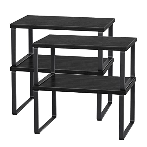 CADUKE Set of 4 Kitchen Counter Shelves, Cabinet Organizer, Black | Wood Countertop Shelves, Stackable Shelf Organizer, Expandable Cabinet Shelf, For Pantry, Industrial - color: Black