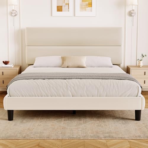 GRUSIGN Queen Size Platform Bed Frame with Velvet Headboard, Adjustable Height Wooden Slats Support, Upholstered Mattress Foundation, Fits Mattress or Mattress with Box Spring, Easy Assembly, Beige - color: Beige, size: Queen