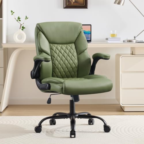 Leather Executive Office Chair - Comfy Green Desk Chair Small Space | Desk Chair with Mid Backrest,5 Wheels,Mid Backrest,Lumbar Support, Height Adjustable,home office reading Gaming Use - color: Green