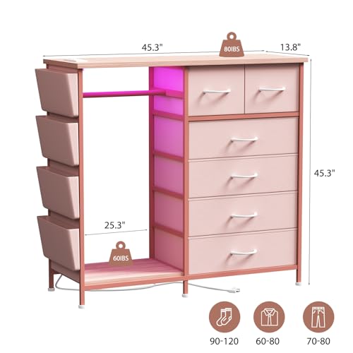 6 Drawer Dresser for Bedroom with Clothes Rack, Clothes Dresser with Side Pockets and Hooks, Charging Station & LED Lights, Wooden Top, Fabric Storage (Pink) - color: Pink