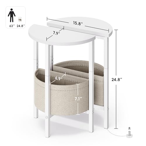 Side Table, Small Round End Table, Tall Accent Table with Storage Basket, Set of 2 Half Round Coffee Tables Half Moon Tables, Bedside Table, Modern Nightstand for Living Room Bedroom, White - color: White