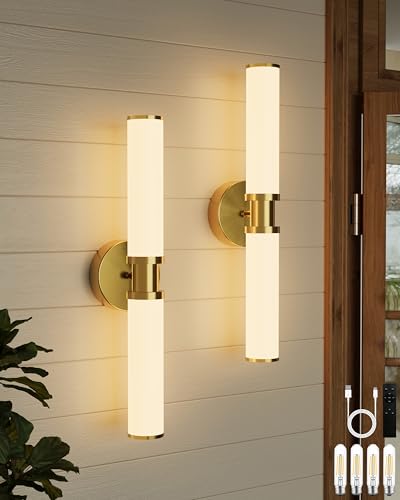 Rayogale Gold Wireless Battery Operated Wall Sconces with Remote Control | White Glass Rechargeable Wall Lights Set of 2 with Timer Function Dimmable for Living Room Bedroom Emergency 3000K, 20.5 Inch - color: Gold(White Lampshades)