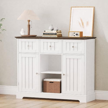 ChooChoo 35.4" Coffee Bar Cabinet with 3 Drawers and 2 Doors, White & Brown | Buffet Cabinet with Adjustable Shelves, Storage Cabinet for Compact Kitchens, Dining rooms and Living rooms - color: White & Brown