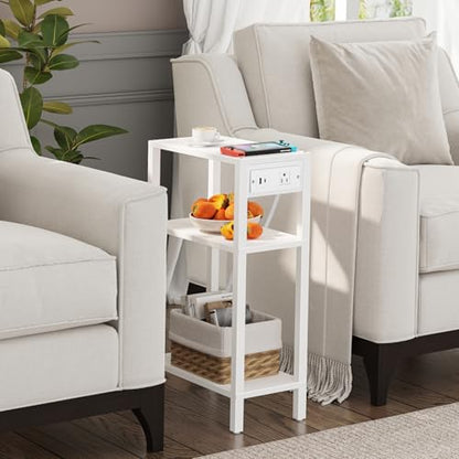 TUTOTAK Narrow Side Table, 3-Tier Small End Table with Charging Station | Skinny Sofa Table, Slim Nightstand, Easy Assembly for Living Room, Bedroom, White TB01BW079 - color: White, size: 3-tier