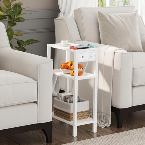 TUTOTAK Narrow Side Table, 3-Tier Small End Table with Charging Station | Skinny Sofa Table, Slim Nightstand, Easy Assembly for Living Room, Bedroom, White TB01BW079 - color: White, size: 3-tier