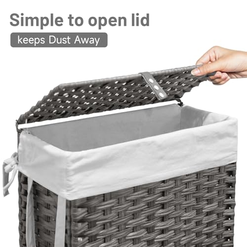 70L Slim Laundry Hamper with Lid & Wheels, Rolling Laundry Basket with 2 Removable Liner Bags & 3 Mesh Bags, Narrow Dirty Clothes Basket, Foldable Handwoven Rattan Laundry Sorter, Grey - color: Grey