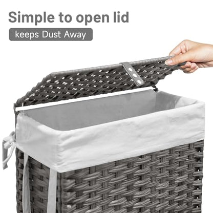 70L Slim Laundry Hamper with Lid & Wheels, Rolling Laundry Basket with 2 Removable Liner Bags & 3 Mesh Bags, Narrow Dirty Clothes Basket, Foldable Handwoven Rattan Laundry Sorter, Grey - color: Grey