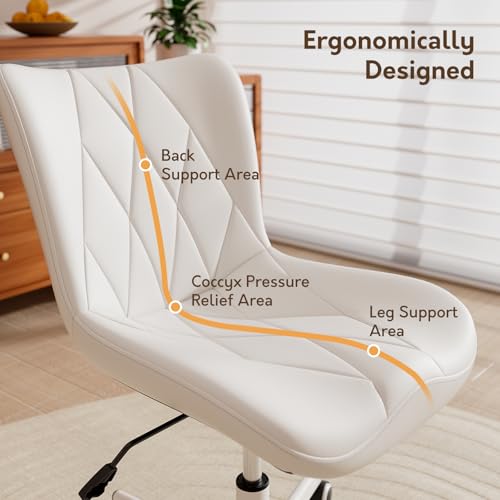 Armless Desk Chair, Morden Home Office Chair no Arms, Adjustable Height & Rocking Computer Chair, PU Leather Vanity Chair, Ergonomic Seat Soft Padded Desk Chairs for Home Small Space, White - color: White
